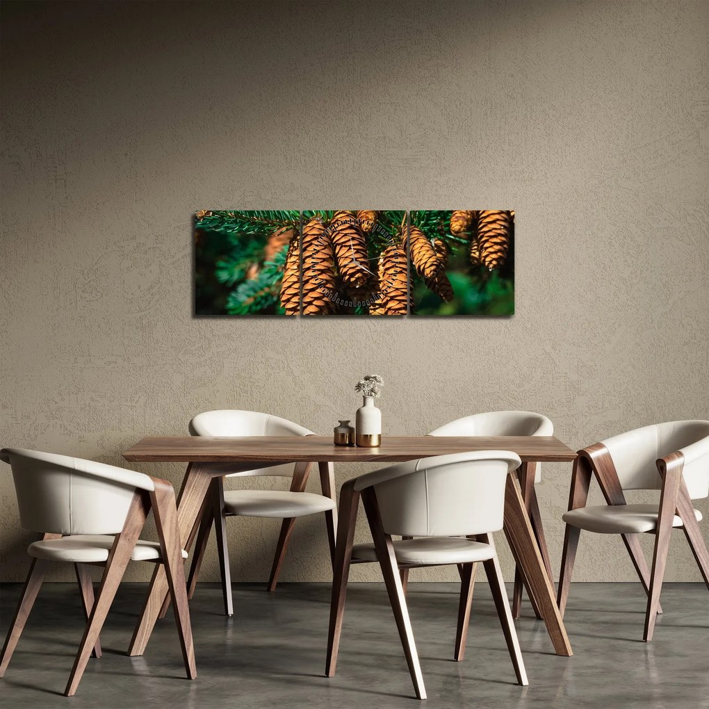 Tablou cu con de brad (cu ceas) (90x30 cm)