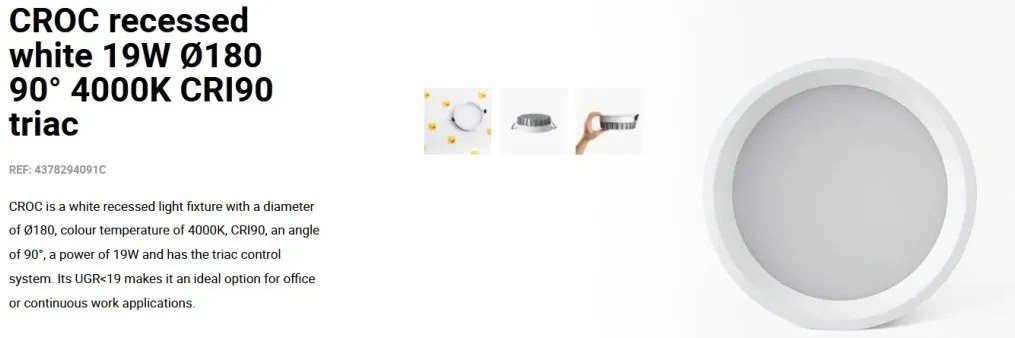 Spot LED incastrabil recessed white 19W 18cm 90 grade 4000K CRI90 triac