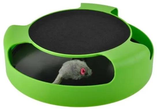 Jucarie pentru pisica, interactiva, tip farfurie, cu soricel, verde si negru, 25x6.5 cm
