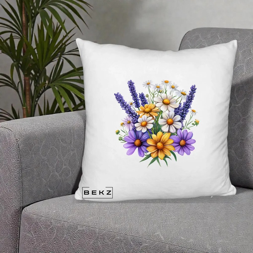 Perna Decorativa Lavanda Musetel si Flori Mov, 40x40 cm, Alb Pufos, Husa Detasabila, Perna Inclusa, BEKZ®