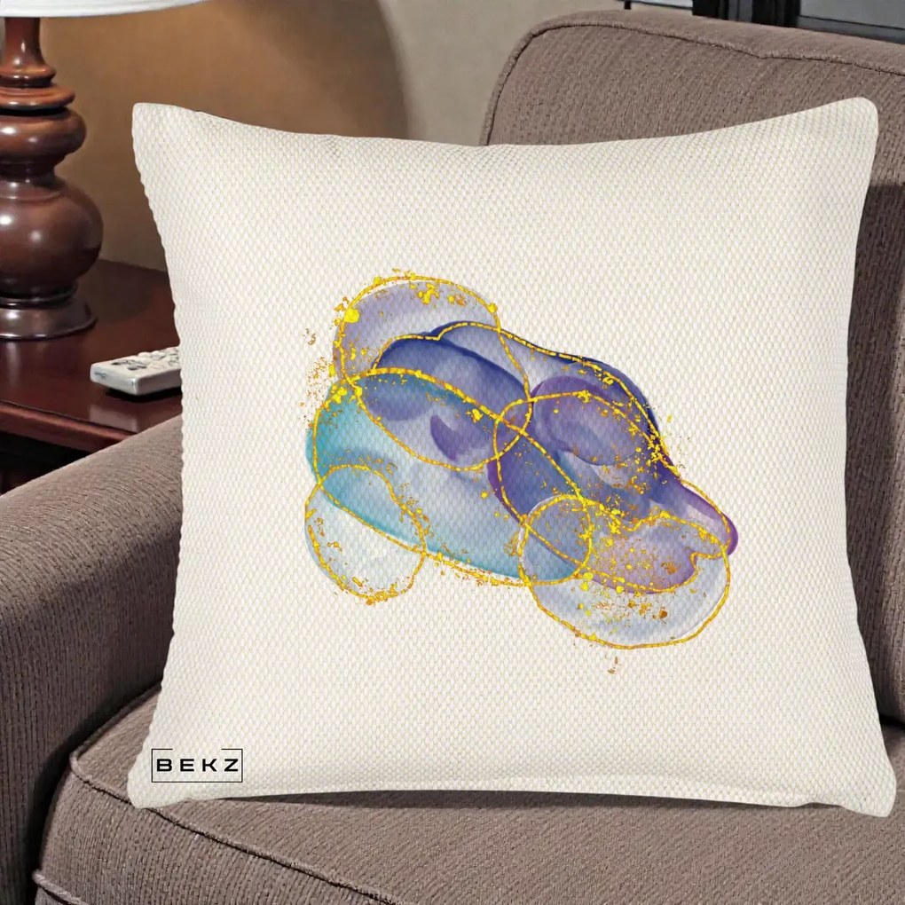 Perna Decorativa Abstract Acuarela Albastru-Mov cu Cercuri Aurii, 40x40 cm, Crem Reliefat, Husa Detasabila, Perna Inclusa, BEKZ®