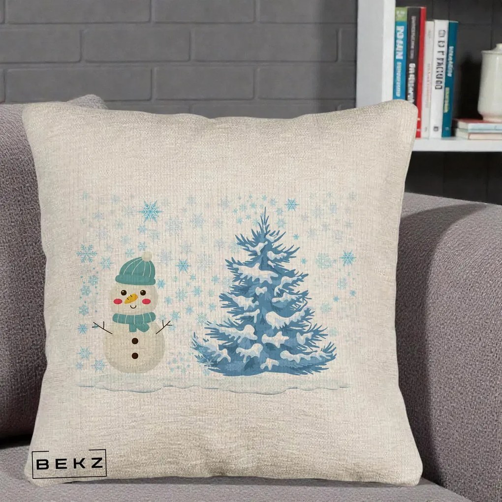 Perna Decorativa Om de Zapada si Brad Craciun, 40x40 cm, Bej Canapea, Husa Detasabila, Perna Inclusa, BEKZ®