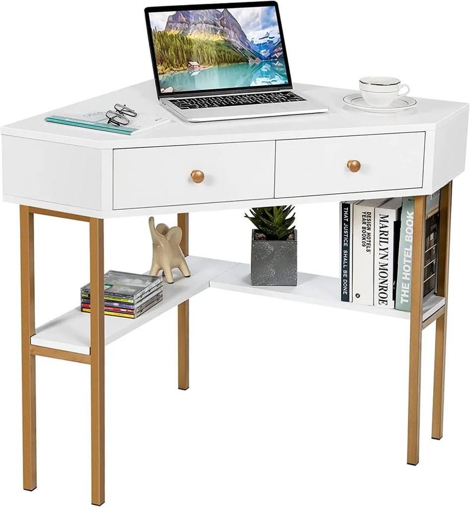 BIA6 - Masa de birou pe colt, 70 cm, home office cu 2 sertare - Alb-Auriu