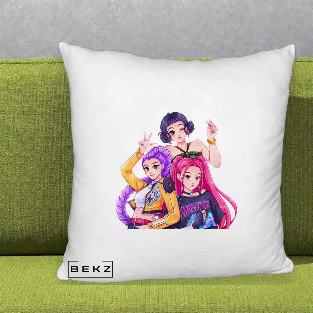 Perna Personalizata K-pop HUNTRX Trio Animat Fete Foto, 40x40 cm, Alb Pufos, Husa Detasabila, Perna Inclusa, BEKZ®