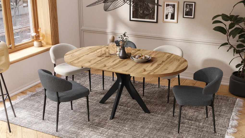 Mazzoni RENZO Stejar Wotan/picior negru - MASĂ ROTUNDĂ Ø110 EXTENSIBILĂ PÂNĂ LA 180 cm | PENTRU BUCĂTĂRIE SUFRAGERIE LIVING RETRO