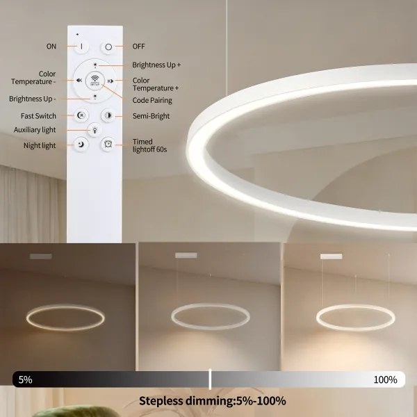 Brilagi - Lustră LED dimabilă PORTOFINO, suspendată pe cablu, LED/60W/230V, Ø 80 cm, alb + telecomandă