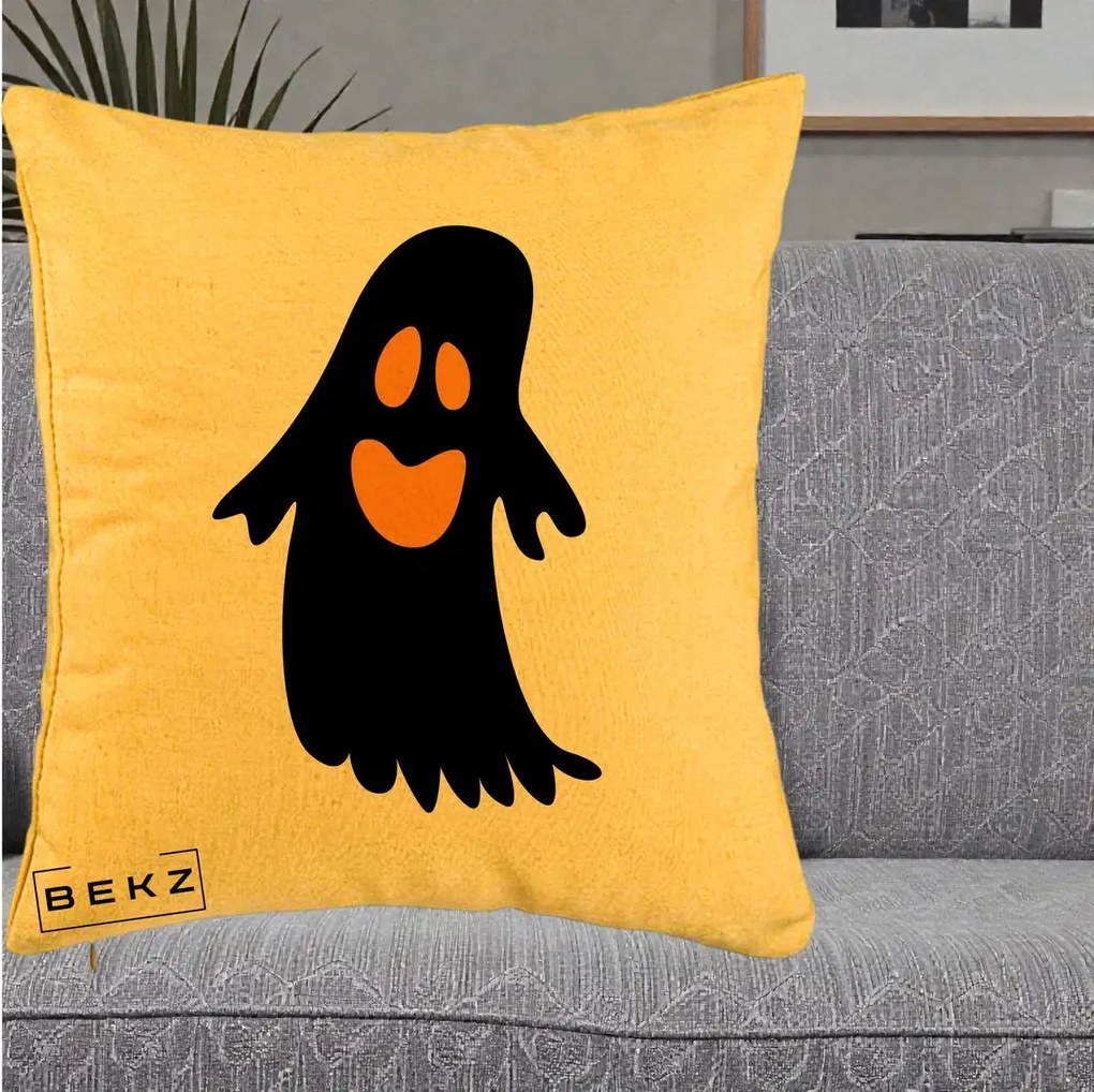 Perna Decorativa Halloween Fantoma Neagra cu Ochi Portocalii, 40x40 cm, Galben, Husa Detasabila, Perna Inclusa, BEKZ®