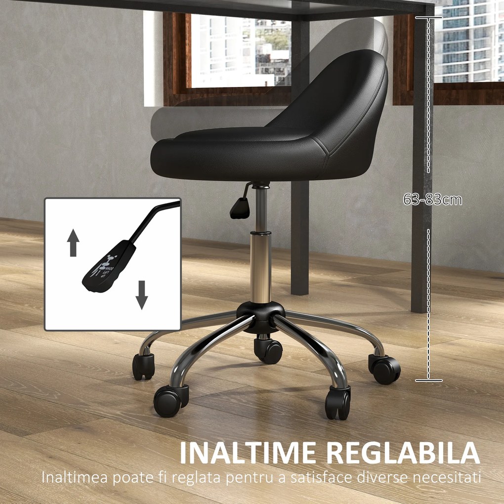 HOMCOM Scaun Salon Reglabil, Rotativ, Înălțime Ajustabilă, Piele PU, cu Roti, Negru | Aosom Romania