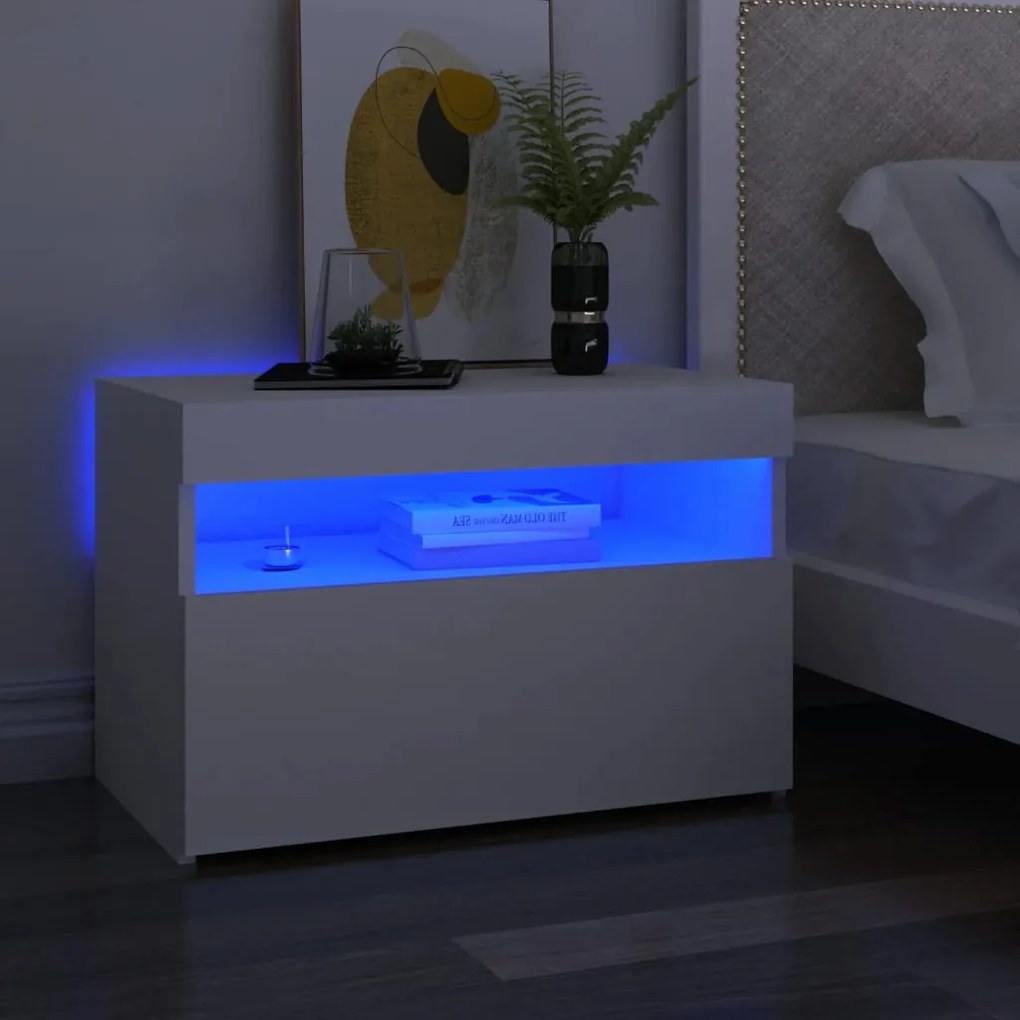 3082775 vidaXL Noptiere cu lumini LED, 2 buc., alb, 60x35x40cm, lemn prelucrat