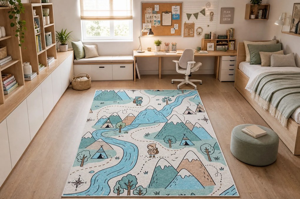 BAMBINO 61590 covor lavabil Râu, șine, tren pentru copii anti-alunecare - crem / albastru
