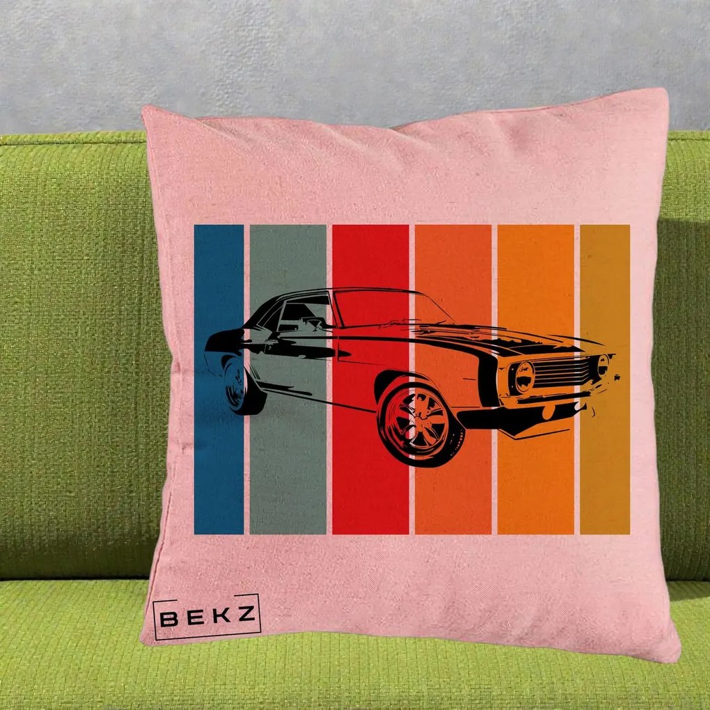 Perna Personalizata Masina Retro Muscle Car Grafic, 40x40 cm, Roz, Husa Detasabila, Perna Inclusa, BEKZ®