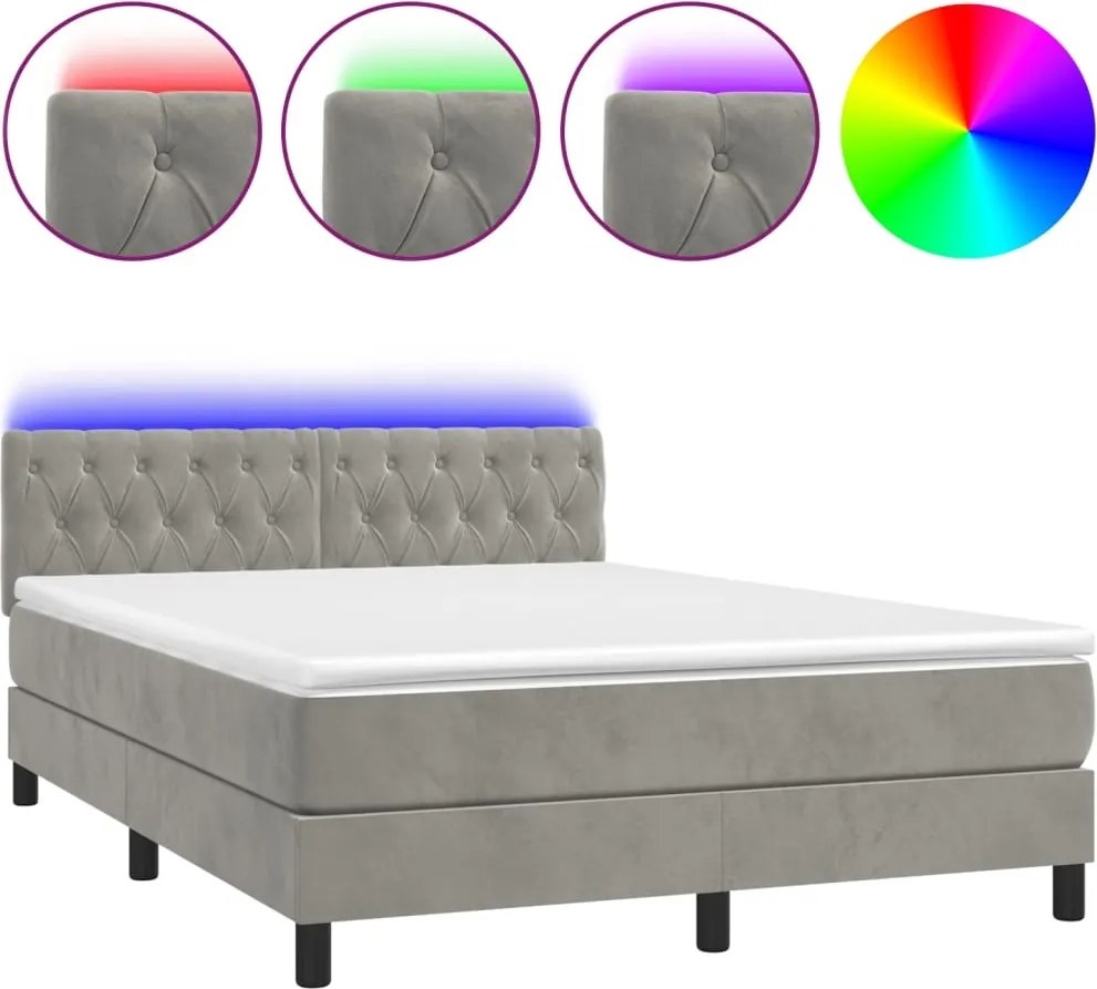 vidaXL Pat continental cu saltea și LED gri deschis 140x190 cm catifea