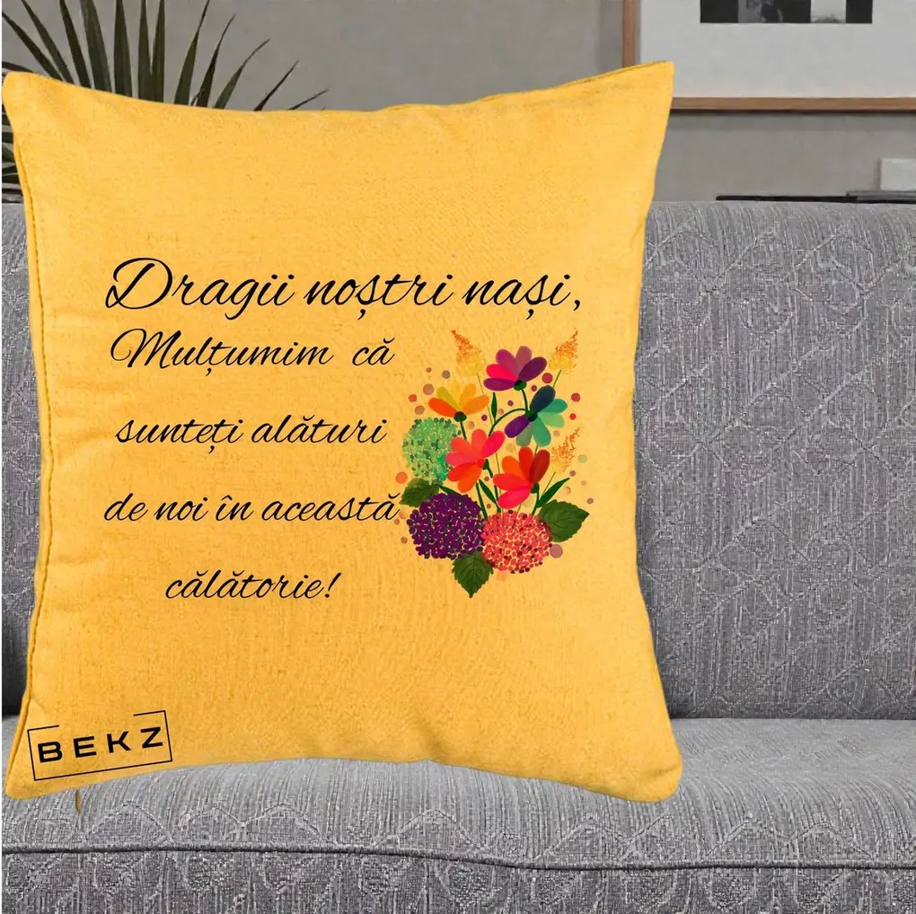 Perna personalizata nasi: Dragii nostri nasi, multumim, buchet colorat, 40x40 cm cu Umplutura, Galben, BEKZ