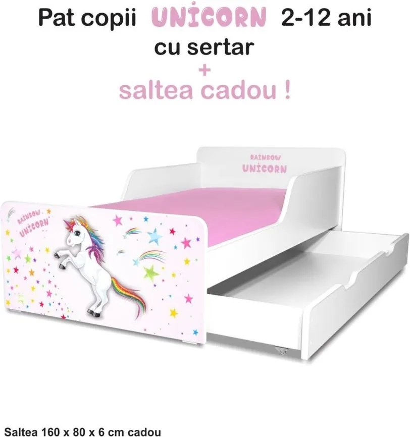 Pat copii Unicorn 2-12 ani cu sertar si saltea cadou