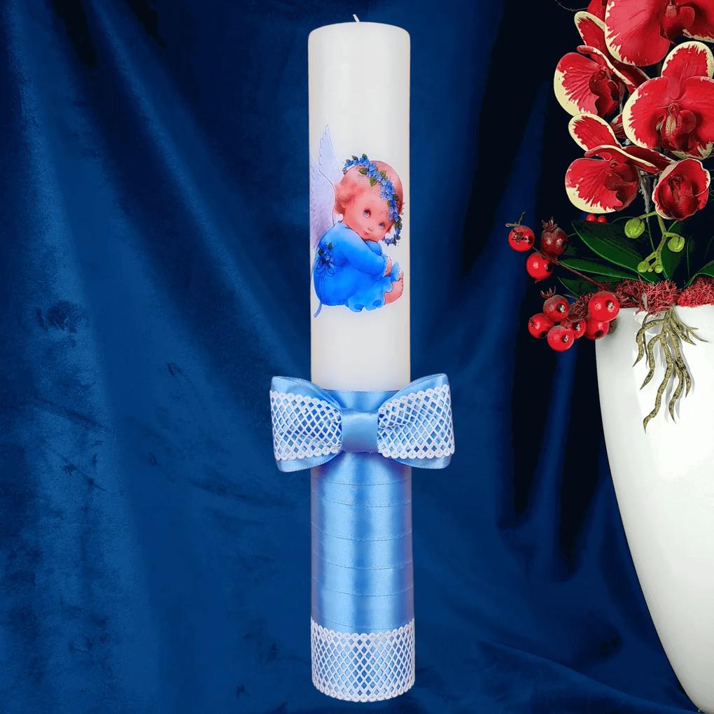 Lumanare botez decorata Ingeras albastru deschis 7 cm, 30 cm
