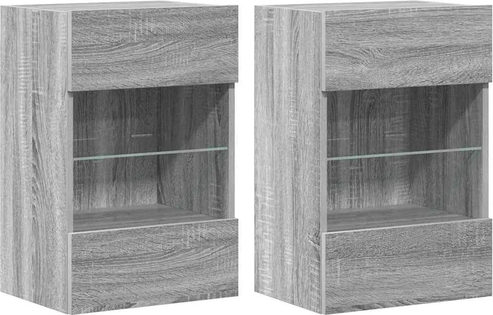 vidaXL Comode de perete cu lumini LED pentru TV, 2 buc, gri sonoma, 40x30x60,5 cm