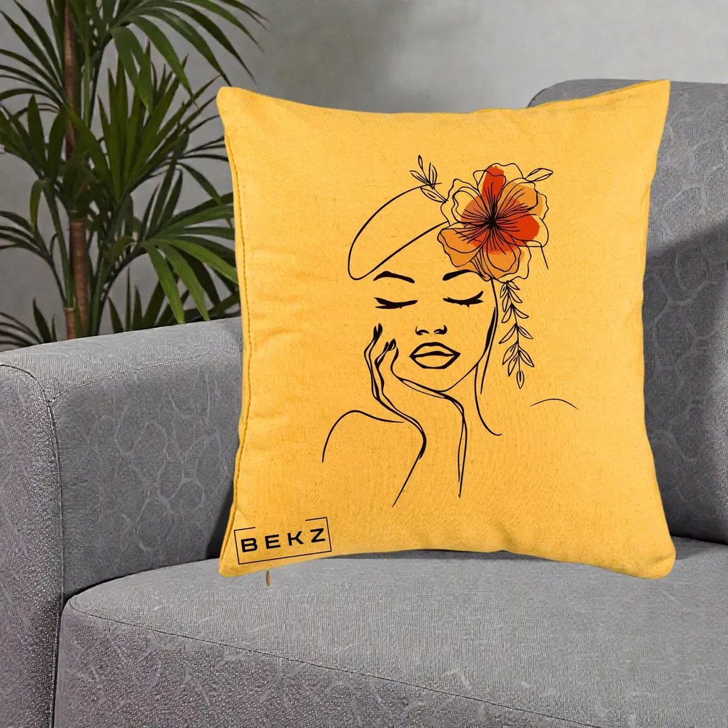 Perna Decorativa Portret Feminin Flori Palarie, 40x40 cm, Galben, Husa Detasabila, Perna Inclusa, BEKZ®