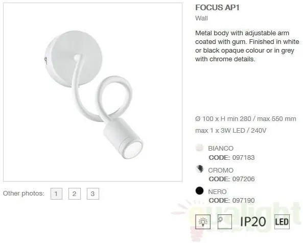 Aplica de perete cu brat flexibil, finisaj alb, LED FOCUS AP1 097183