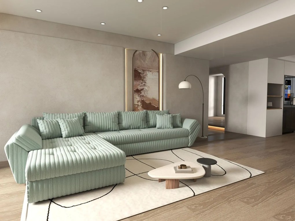 Colțar extensibil dumonde cu ladă de depozitare si sezut confortabil din spuma high-density, Loana XL Ambience Mint 335x185 cm