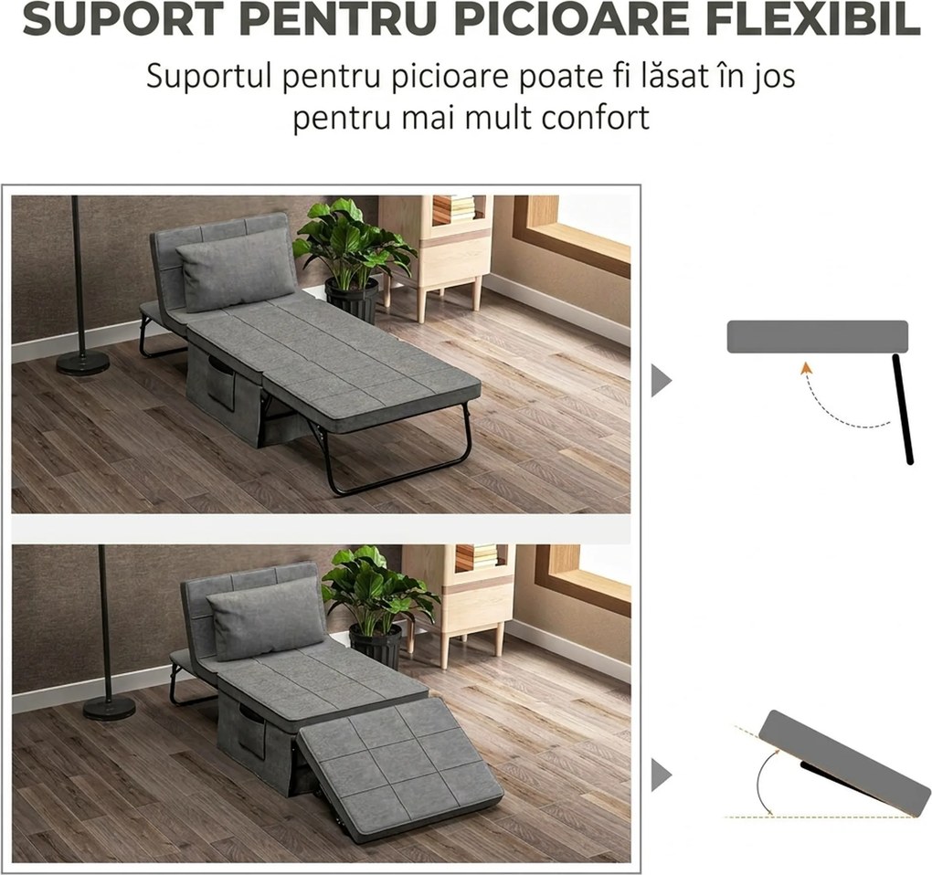 HOMCOM Pat Pliabil Multifuncțional 4 în 1, Șezlong cu Economie de Spațiu, cu Spătar Rabatabil pe 5 Niveluri, 188x75x38 cm, Gri | Aosom Romania