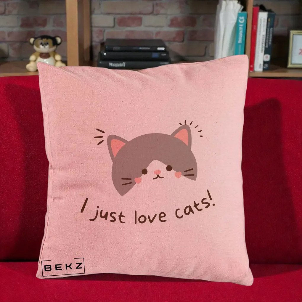 Perna Personalizata I Just Love Cats Pisica Kawaii, 40x40 cm, Roz, Husa Detasabila, Perna Inclusa, BEKZ®