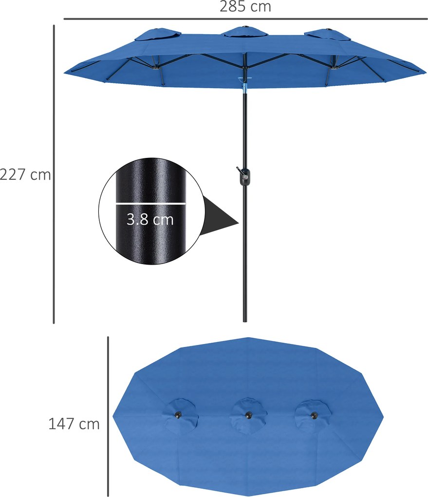 Outsunny Umbrelă de soare, umbrelă de grădină, înclinabilă, cu manivelă, capotă de ventilație, Polyester+Stahl, Marineblau, 295 x 152 cm | Aosom Romania