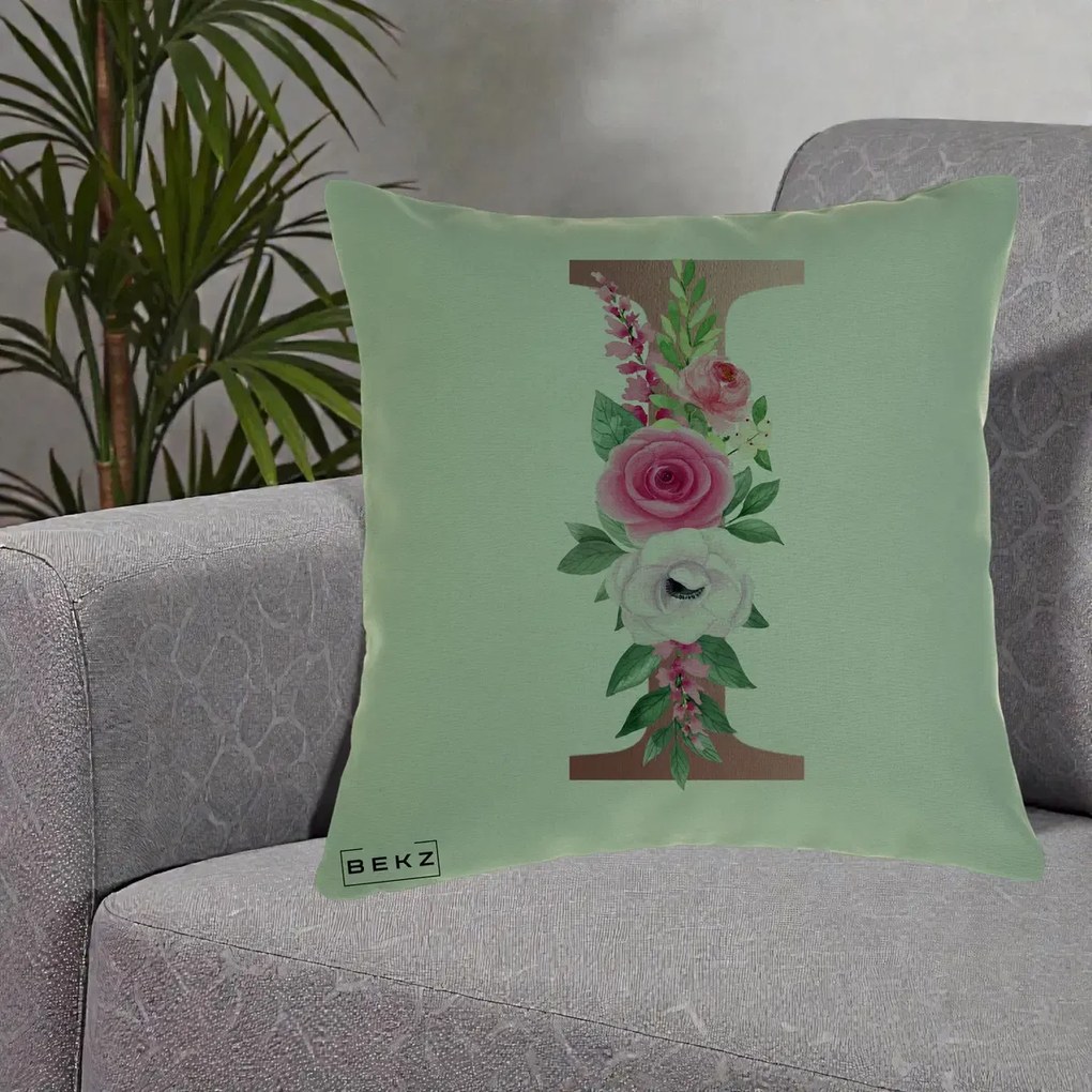 Cadou Personalizat - Perna Personalizata Monograma Rose Gold Litera I, 40x40 cm, Verde, Husa Detasabila, Perna Inclusa, BEKZ®