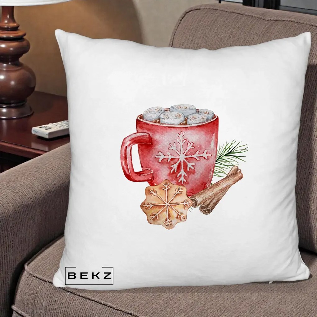Perna Decorativa Cacao de Iarna cu Biscuit, 40x40 cm, Alb Pufos, Husa Detasabila, Perna Inclusa, BEKZ®