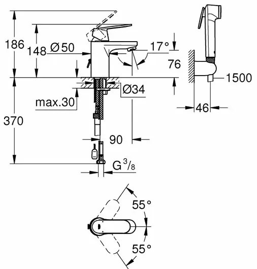 Baterie lavoar Grohe Eurosmart Cosmopolitan S cu dus igienic crom lucios