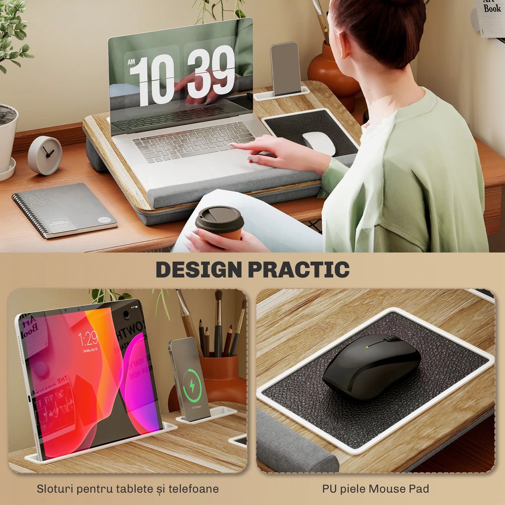 HOMCOM Suport Laptop de 15,6", cu Spațiu pentru Mouse și Încheieturi, Suport PC Portabil, 55,5x37x9 cm, Lemn Natural | Aosom Romania