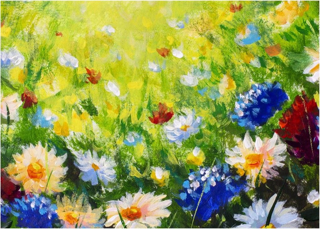 Tablou pe sticlă - Pictură în ulei, pajiște înflorită (70x50 cm)