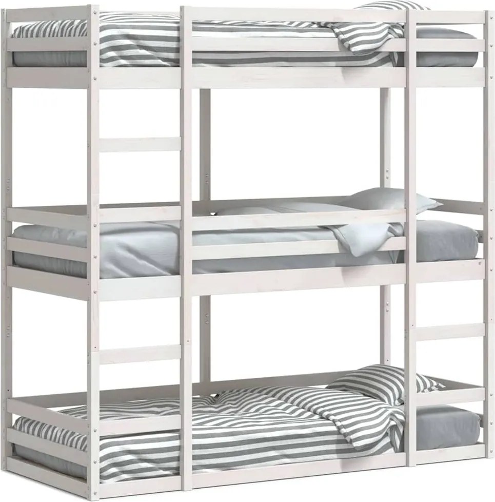 vidaXL Pat supraetajat triplu, alb, 90x190 cm, lemn masiv de pin