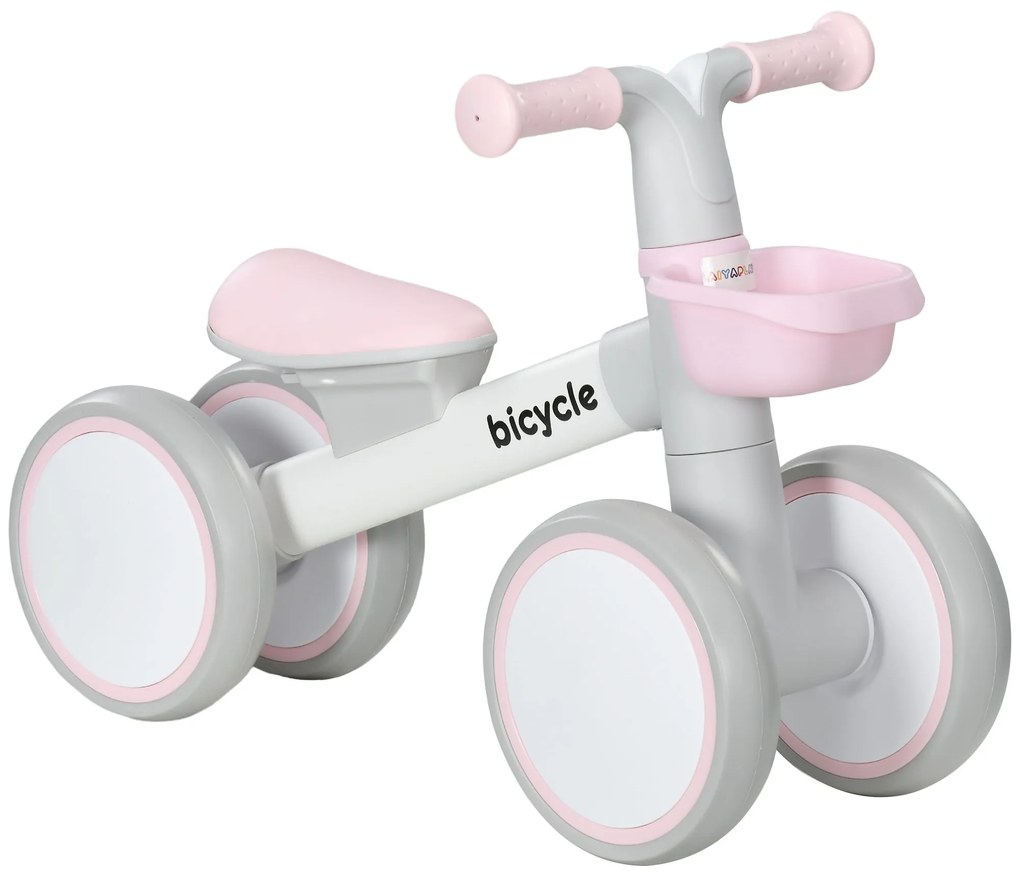 AIYAPLAY Bicicletă de echilibru pentru copii 4 roți șa reglabilă, ghidon ergonomic aliaj aluminiu PP, copii 1-3 ani - Gri Alb Roz | Aosom Romania