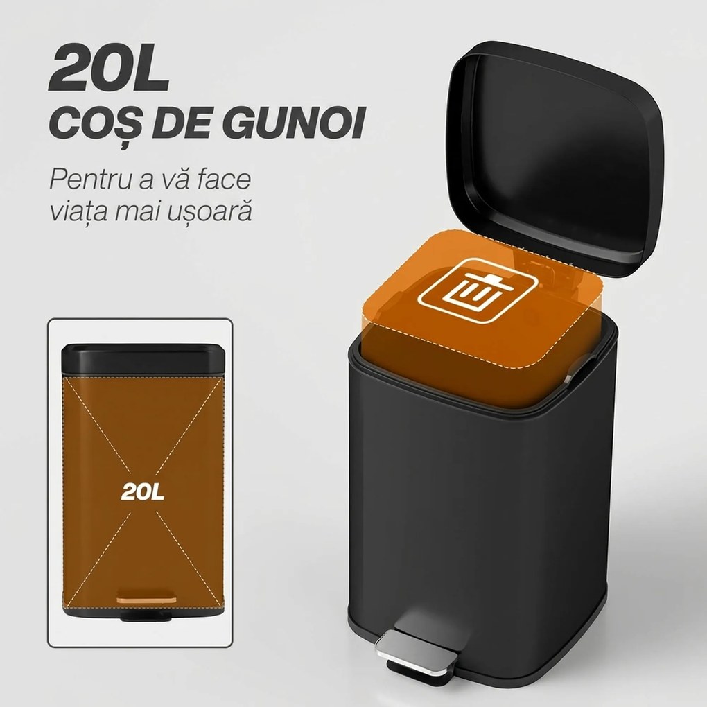 HOMCOM Coș de gunoi dreptunghiular cu pedală 20 L din metal, cu capac, găleată detașabilă, antiamprentă, negru | Aosom Romania