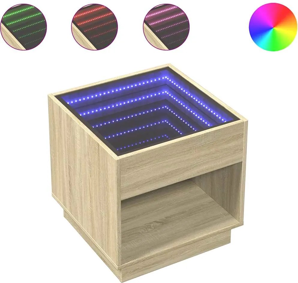 vidaXL Noptieră cu LED infinity, stejar sonoma, 50x50x50 cm