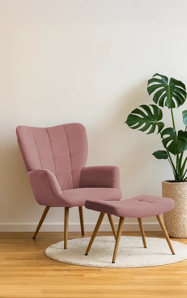 Fotoliu cu suport pentru picioare, ţesătură Velvet roz/stejar, HABEN