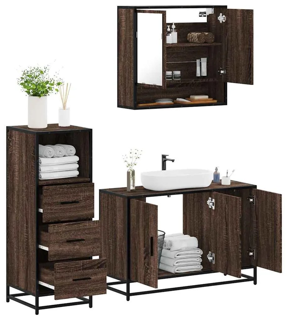 vidaXL Set mobilier de baie, 3 piese, stejar maro, lemn prelucrat