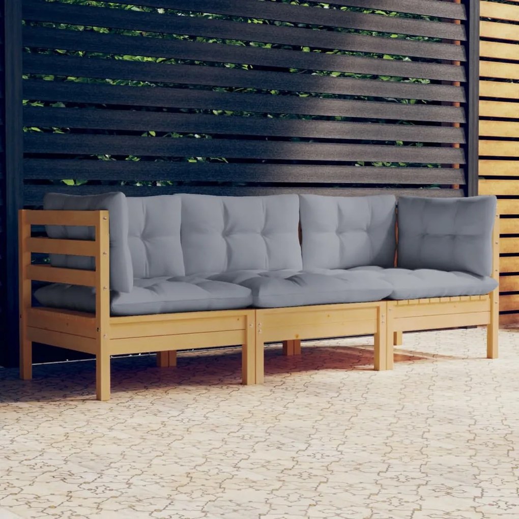 3096099 vidaXL Canapea de grădină cu 3 locuri, cu perne gri, lemn masiv pin