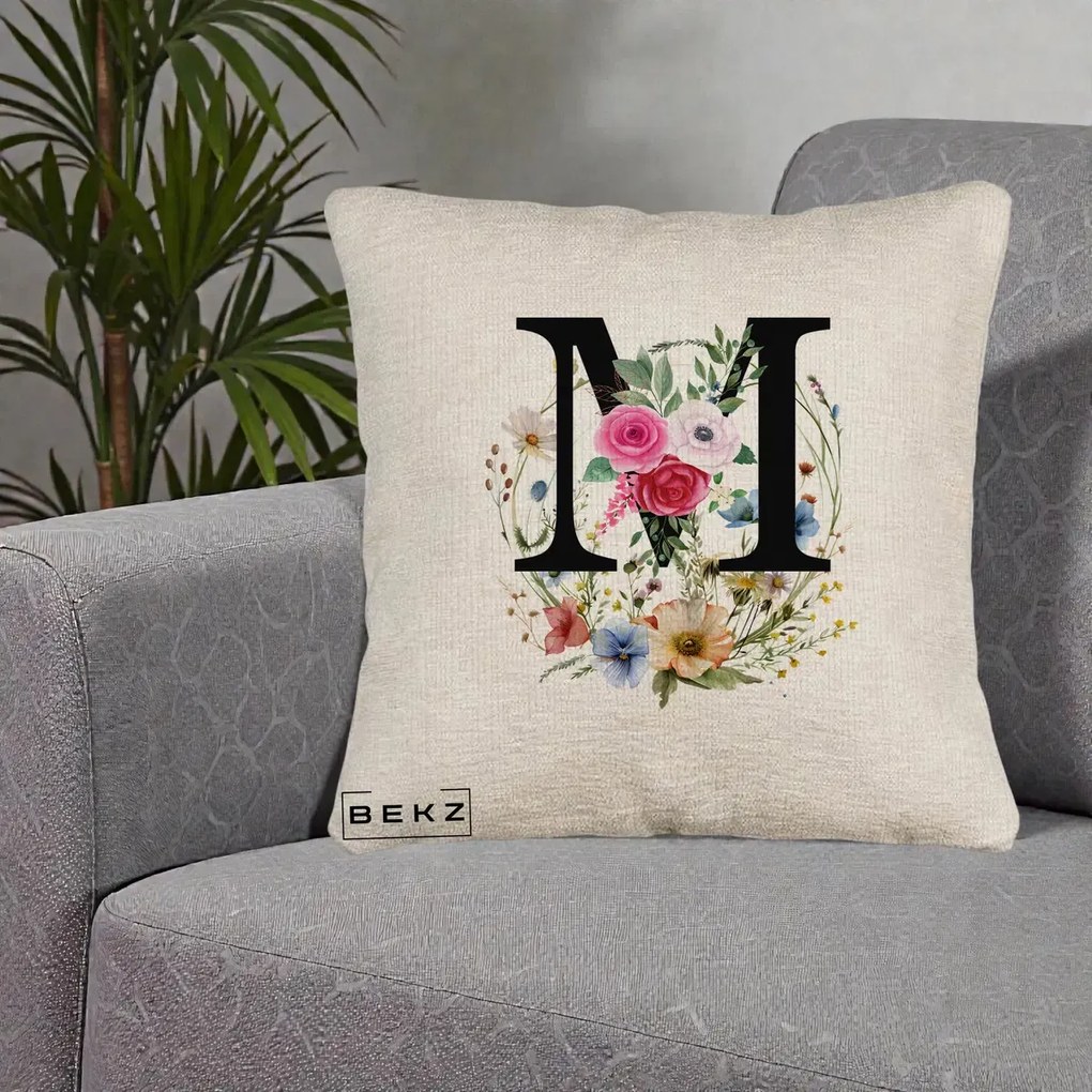 Cadou Personalizat - Perna Personalizata Monogram Litera M cu Flori Acuarela, 40x40 cm, Bej Canapea, Husa Detasabila, Perna Inclusa, BEKZ®