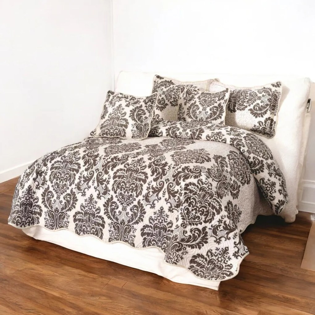 Cuvertură bumbac 100%, crem cu damasc maro, 5 piese, 230x250 cm, CBS18