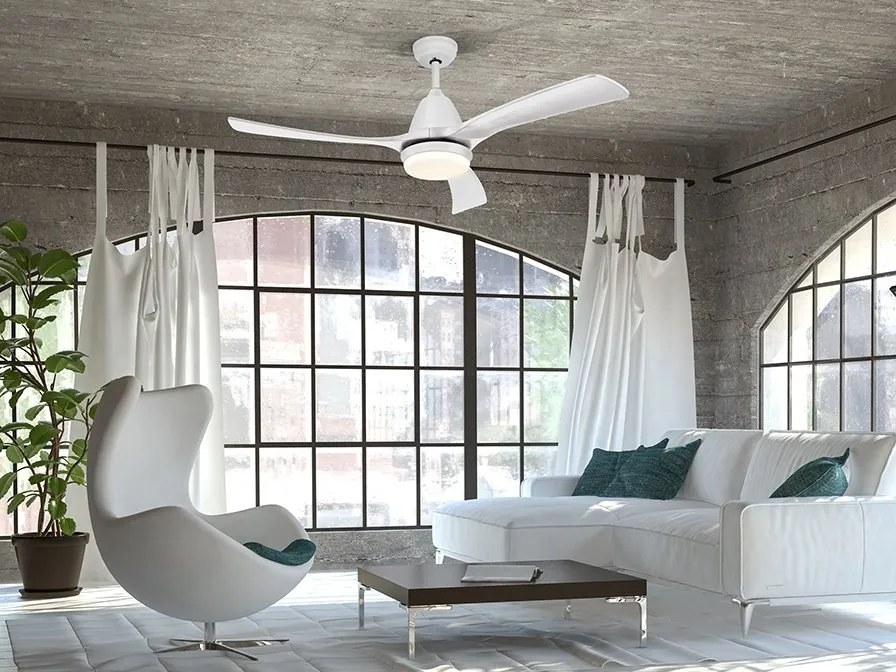 Lustra LED cu Ventilator si telecomanda, lame din lemn, Aspas alb