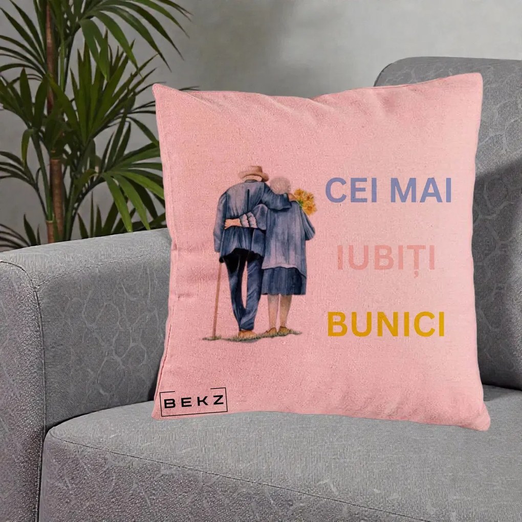 Cadou pentru Bunici - Perna Personalizata Cei Mai Iubiti Bunici Acuarela Spate, 40x40 cm, Roz, Husa Detasabila, Perna Inclusa, BEKZ®