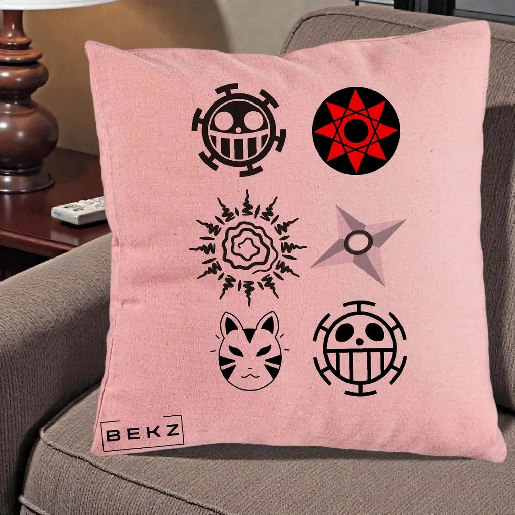 Perna Personalizata Simboluri Anime Mix - Naruto One Piece, 40x40 cm, Roz, Husa Detasabila, Perna Inclusa, BEKZ®