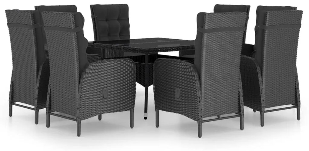 3058532 vidaXL Set mobilier grădină, 9 piese, negru, poliratan, lemn acacia