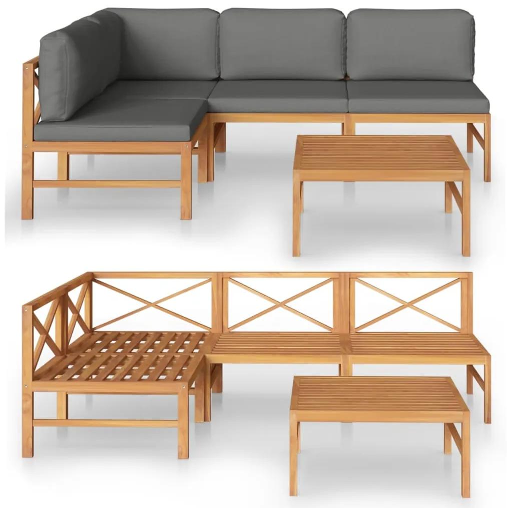 Set mobilier gradina cu perne gri, 5 piese, lemn masiv de tec Gri, colt + 3x mijloc + masa, 1