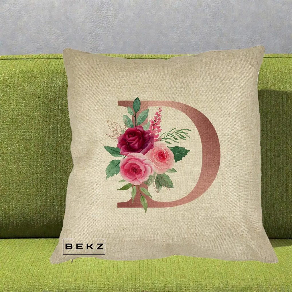 Cadou Personalizat - Perna Personalizata Monograma Rose Gold Litera D, 40x40 cm, Crem, Husa Detasabila, Perna Inclusa, BEKZ®