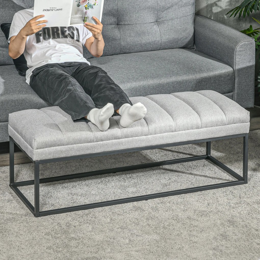 HOMCOM Banc design modern, scaun căptușit în material aspect lin gri și structură din metal negru, suport 200 kg, 120x44x45,5cm | Aosom Romania