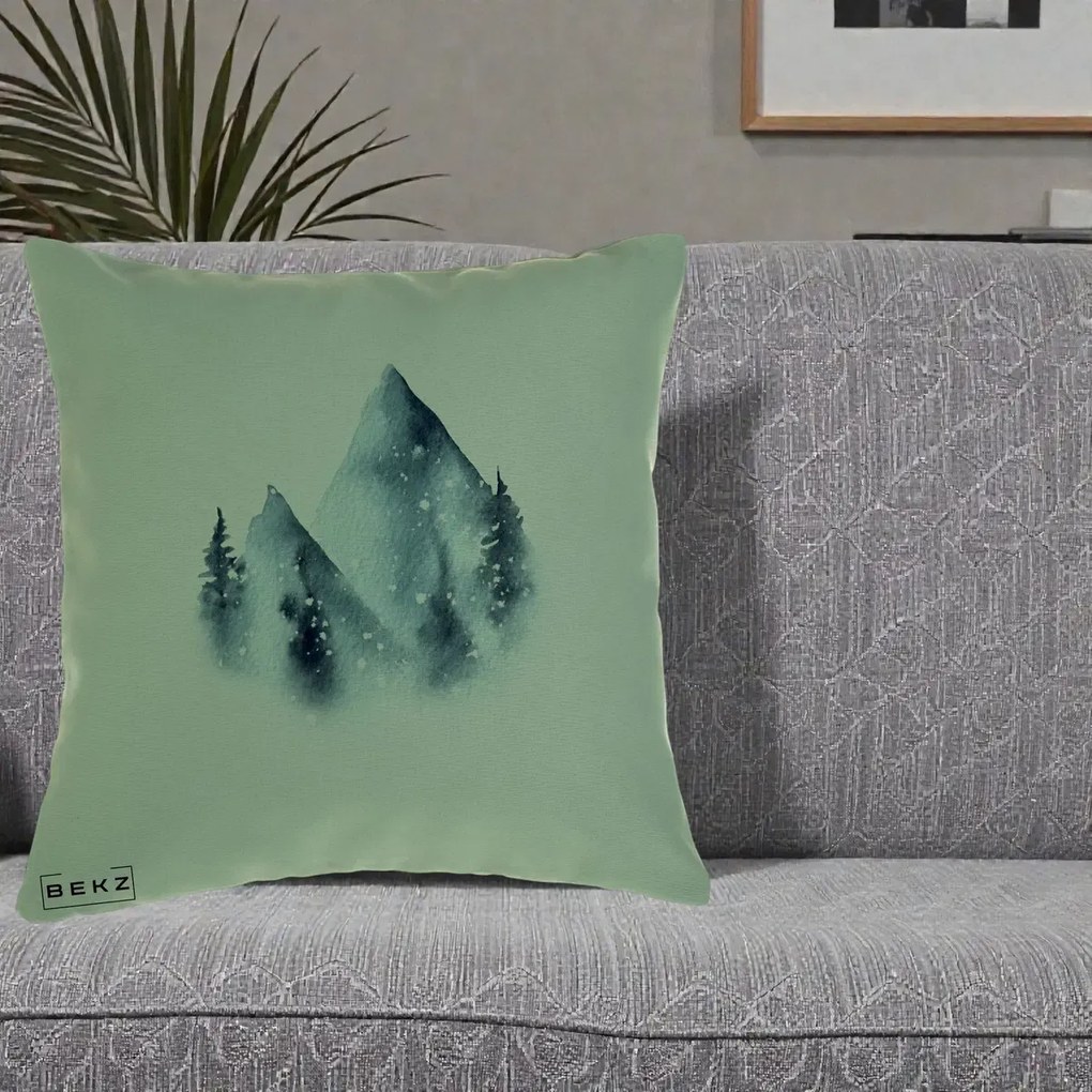 Perna Decorativa Munti Inzapeziti Acuarela Indigo, 40x40 cm, Verde, Husa Detasabila, Perna Inclusa, BEKZ®