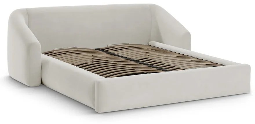 Pat matrimonial bej tapițat cu spațiu de depozitare cu somieră 200x200 cm Campi – Cosmopolitan Design