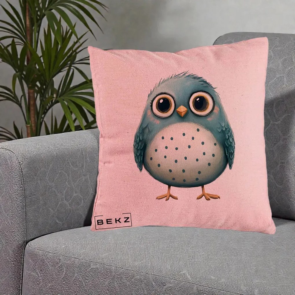 Perna Decorativa Pasare Teal cu Buline Teal, 40x40 cm, Roz, Husa Detasabila, Perna Inclusa, BEKZ®
